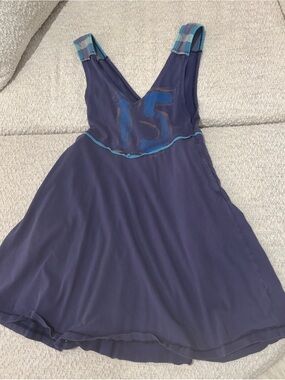 Free People Navy Blue Mini Dress with Plaid Strap Accents